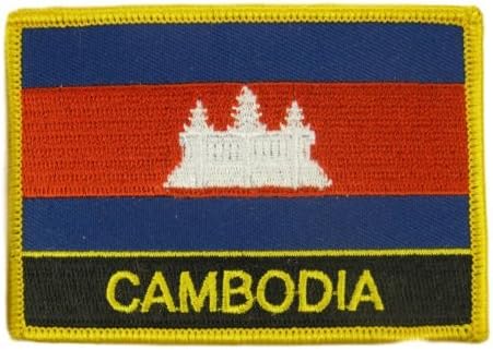 [Single Count] Custom and Unique (2 1/4" by 3 1/4" Inches) World Sights Cambodian Travel Souvenir Cambodia Text Flag Iron On Embroidered Applique Patch {Blue, Red, White &amp; Yellow Colors}