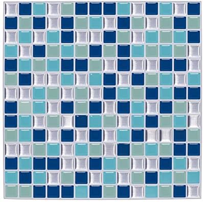 VanBest Peel-N-Stick 3D Mosaic Kitchen Backsplash Wall Tiles Sticker,10x10 Square,6 Sheets,Blue