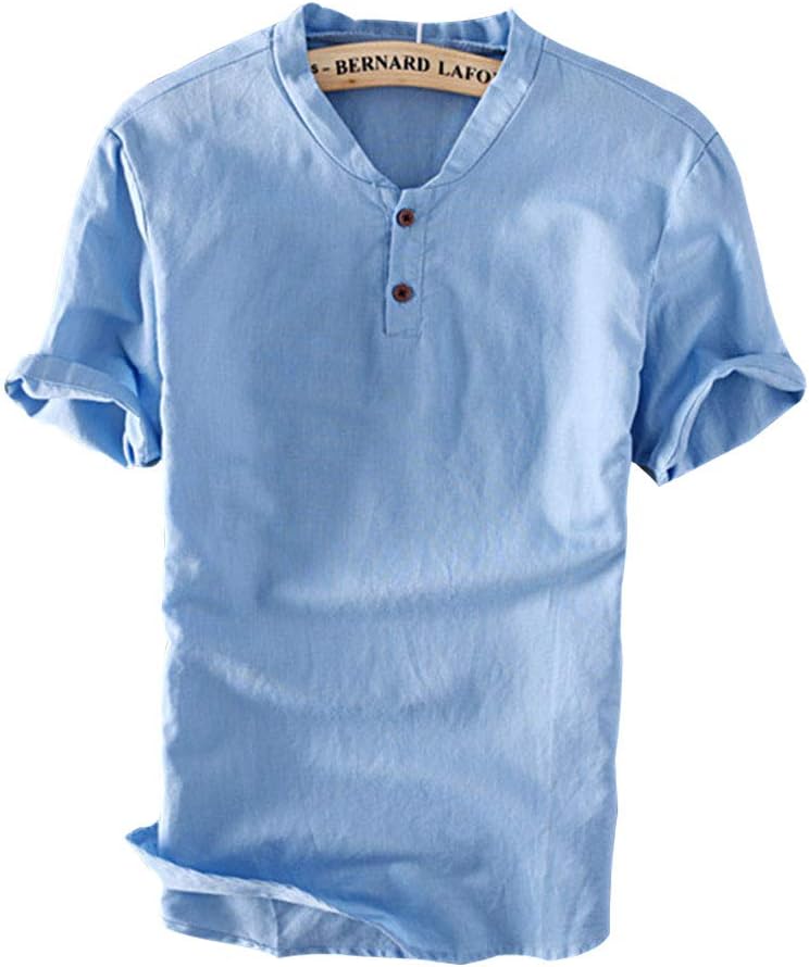 Men's Summer Casual Linen Henley T-Shirt Vintage V Neck Short Sleeve Shirts