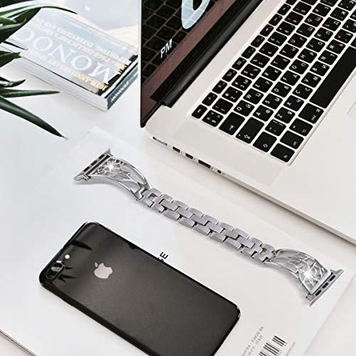 YvY Metal Stainless Steel Band Compatible with Apple Watch Band 38mm 40mm 42mm 44mm, Replacement Wristband for iWatch Series SE 7 6 5 4 3 2 1 for Women Men with Flower Bling Diamond Replacement Bracelet