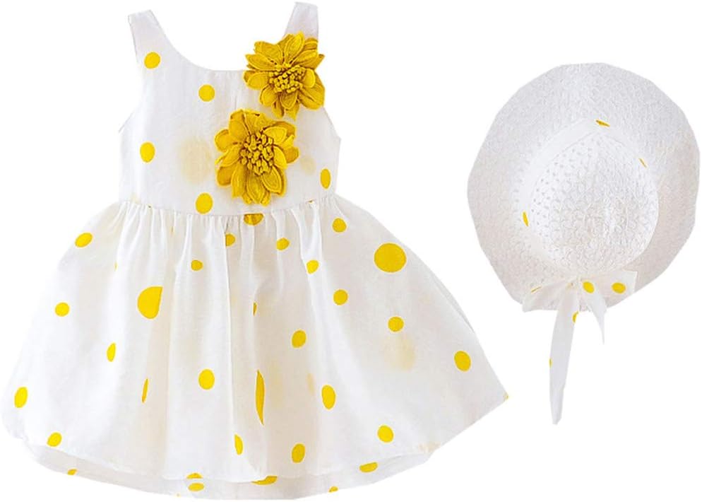 Kids Clothes, Toddler Kids Baby Girls Dot Print Flower Princess Dress+Hat Cap Clothes Outfits, for 1 to 3 Years Old