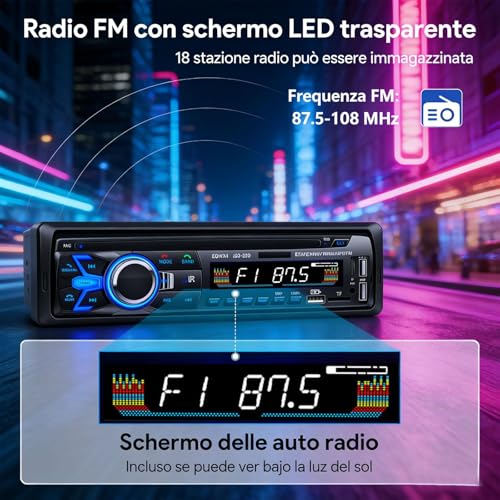 Chasinglee Autoradio Bluetooth - 1 DIN - 2x60W - Funzione AUX, lettore MP3 e doppia porta USB, suono stereo FM, chiamate in vivavoce, uscite RCA, tasti illuminati RGB, iOS e Android