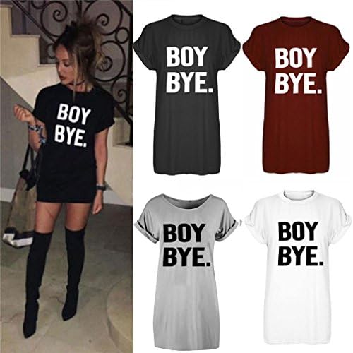 Women Long Tops Dress Short Sleeve BOY BYE Print T-Shirt Blouse Dress Hemlock (S, Black)