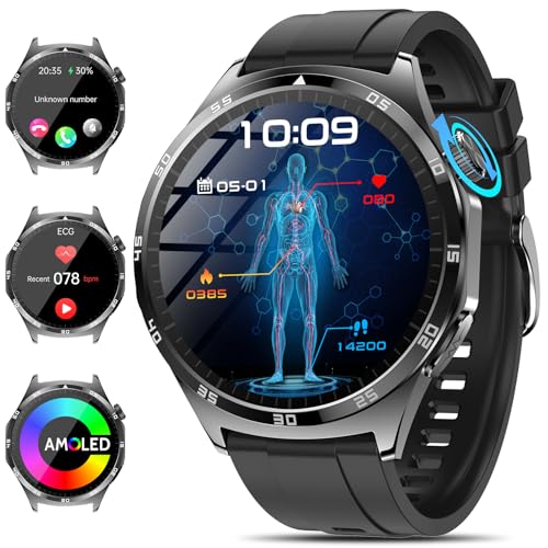 2026 Men's Smartwatch ECG/Sleep/BMI/Lipid/Uric Acid/Emotions/Fatigue, 1.43 Inch AMOLED Health Fitness Watch with Calls, 24 Hours Blood Pressure/Body Temperature/Heart Rate Monitor, for Android/iOS