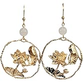 RainDesigns Handmade Golden Lily Pad and Lotus Flower Dangle Earrings14K Gold Plated Jewelry Gift for Women Girl