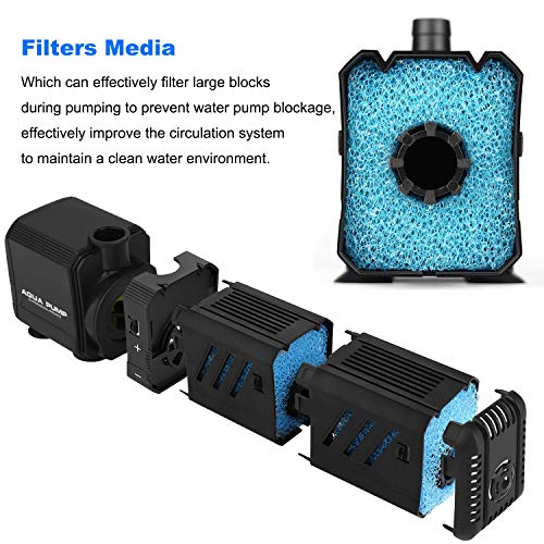 ZEETOON Submersible Water Pump Aquarium Air Pump Fish Tank Filters Aerator Multifunction Quiet Adjustable, 3.2ft High Lift 210 GPH (800L/H 8W) with 2 Nozzle 1 Boost Oxygen Hose 2 Artificial Plants - Thumbnail 2