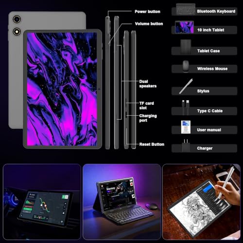 Android tablet 10 inch, 2026 Android 16 Tablet with Keyboard, 26GB+256GB (2TB Expand), Gemini AI Tablet with 8-Core, 8000mAh, 5G WiFi, Widevine L1, 2 in 1 Tablets PC with Case/Mouse/Stylus-Black Case