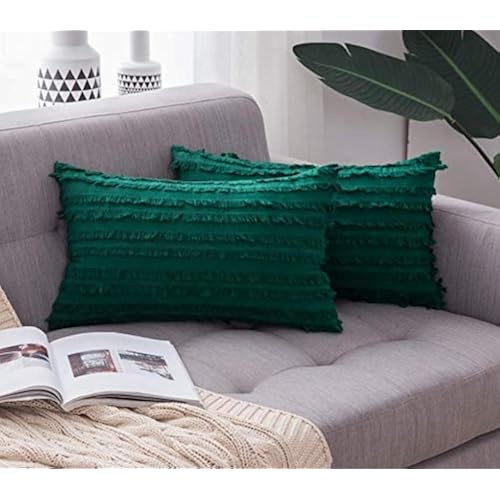 MIULEE Set of 2 Decorative Boho Throw Pillow Covers Cotton Linen Striped Jacquard Pattern Cushion Covers for Sofa Couch Living Room Bedroom 12x20 Inch Green