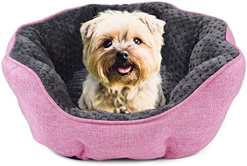 Plush Linen Lounger Pet Bed for Dogs or Cats by Cozy Cuddlerz| Deluxe, Ultra Soft, Octagonal Bed Filled with 100% Recycled Fibers| Super Cozy Luxurious Design| Pink or Black| 2 Sizes (24x18x8", Pink)