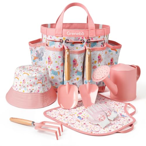 Grenebo 8-Piece Kids Gardening Set with Garden Tools for Kids, Pink