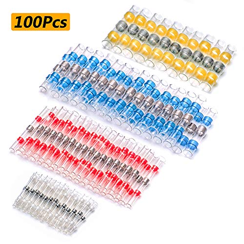 100pcs Solder Seal Wire Connectors,Heat Shrink Butt Connectors Terminals Waterproof Insulated Electrical Wire Terminals,Automotive Marine Wire Splices