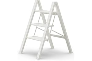 GameGem 3 Step Ladder, Aluminum Folding Step Stool with Anti-Slip Sturdy and Wide Pedal, Lightweight Portable Stepladder for Home and Kitchen Use Space Saving, Cream White, 330 lbs