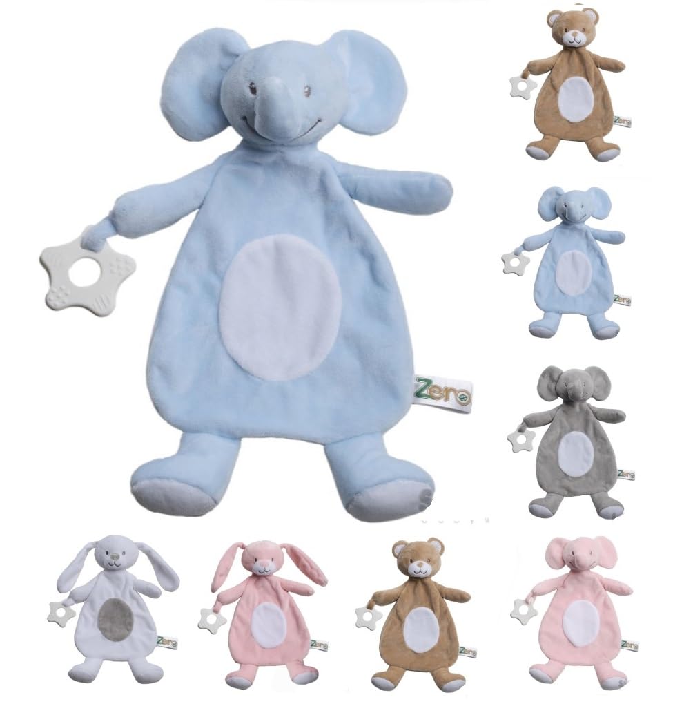 OnlyBee Newborn Baby Comforters with Taggies and Teether Elephant Bunny Teddy Bear (Newborn to 0 Months, Blue Elephant)