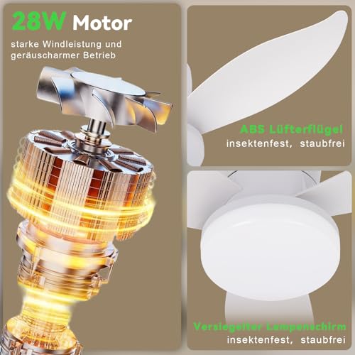 Homefire Ventilador de techo luz - Ventilador de techo silencioso de 3 aspas con luz, blanco, brillo ajustable, 6 velocidades, control remoto Lámpara de techo para dormitorio o cocina