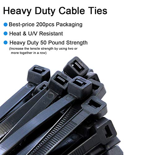 200 Pack of Black Cable Ties, 12" x 0.19" Heavy Duty Zip Ties Wire Ties, EANINNO Self Locking UV & Heat Resistant Tie Wraps, Plastic Nylon Zip tie Indoor Outdoor Multipurpose