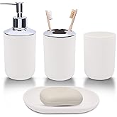 4 Piece Bathroom Accessories Set, Plastic Bathroom Accessory Set, Toothbrush Holder, Toothbrush Cup, Soap Dispenser, Soap Dish, White