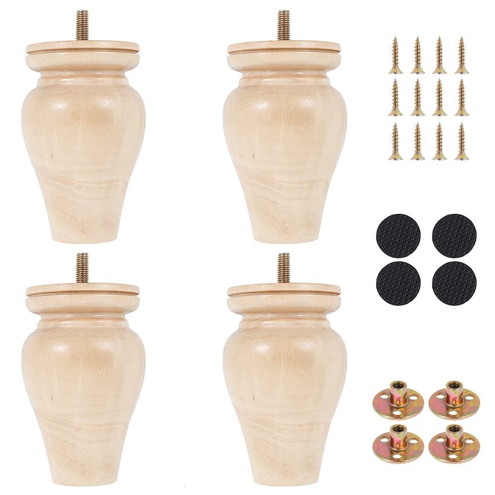 4PCS Wooden Furniture Legs Height Sofa Legs Replacement Armchair Feet Wood Couch Cabinets Legs with Mounting Plate and Screws for Sofa Couch Armchair Cabinet, 11cm