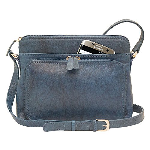 CTM Women's Leather Shoulder Bag Purse with Side Organizer, Jeans Blue
