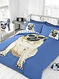 PUG IN SUNGLASSES FULL BLUE REVERSIBLE PAW PRINTS COTTON BLEND COMFORTER COVER SET