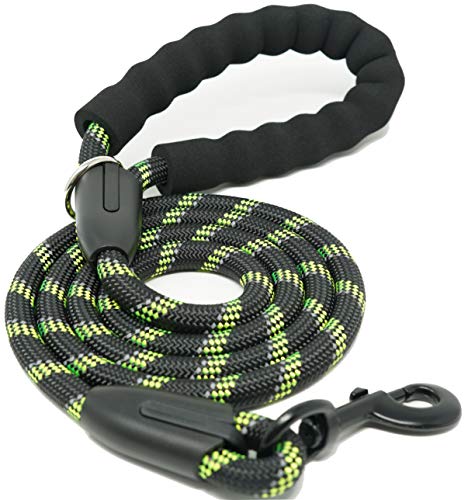 iYoShop Strong Dog Leash with Comfortable Padded Handle and Highly Reflective Threads Dog Leashes for Small Medium and Large Dogs, Black with Green, Medium Large (5 FT)