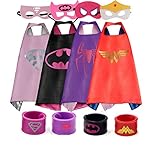 Dress up Costume Cape and Mask Set with Matching Shaped Rubber Wristbands and 1 Drawstring Bag for Kids, Birthday Party Children (4pcs for Girl)