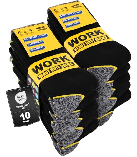 Effeet 10 Pairs of Men's Work Socks, Padded Reinforced Work Socks, Breathable Functional Socks with Comfort Waistband, Long Work Socks