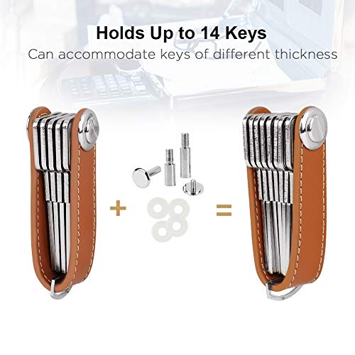 Compact Key Holder Leather Keychain, Bosiwee Smart Key Organizer, Folding Pocket Key Holder Chain2.0 (up to 16 keys)