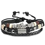 FIBO STEEL Leather Charm Bracelet for Men Braided Wrist Cuff Vintage, Black