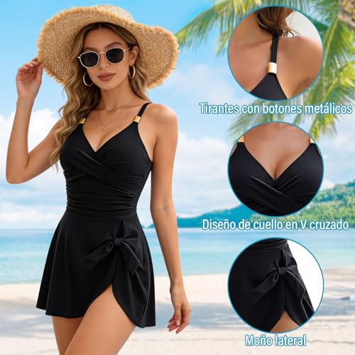 GALASALA Trajes de Baño Mujer, Trajes de Baño Mujer Natacion Sexy y Ajustado, Traje de Baño Completo Mujer con Falda Elegante, Traje de Baño Mujer con Control Abdominal Ideal para Playa Piscina Surf