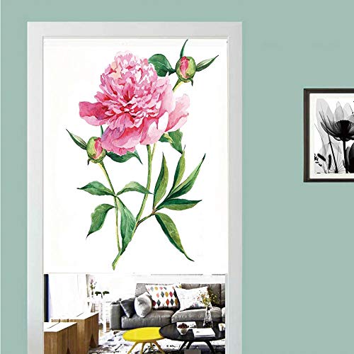 3D printed Magic Stickers Door Curtain,Watercolor Flower,Vintage Peony Painting Botanical Spring Garden Flower Nature Theme,Pink White Green ,Privacy Protect for Kitchen,Bathroom,Bedroomï¼ˆ1 Panelï¼‰