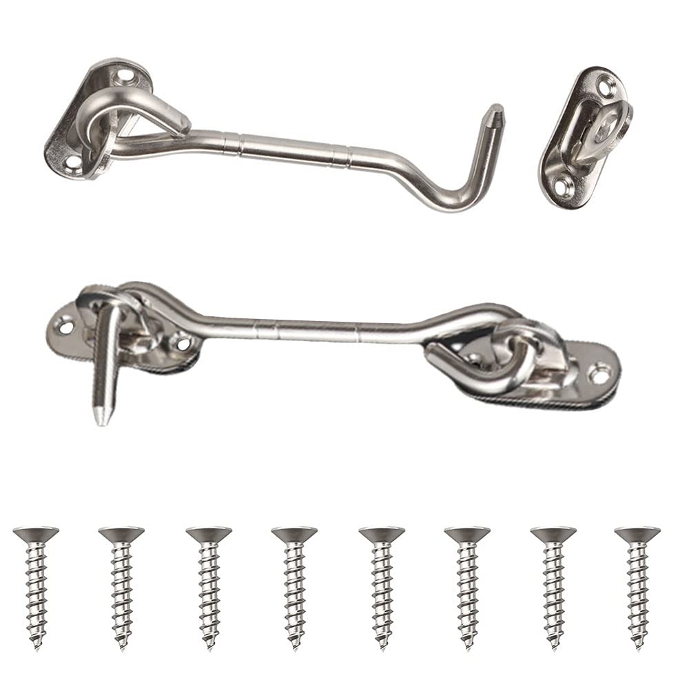 2 Set Stainless Steel Cabin Hook and Eye Latch Heavy Duty Door Gate Latch Door Hook and Eye Lock with Screws for Internal Doors Brace Patio Window Cabinet Wooden Gates Shed(Silver 4 Inch)