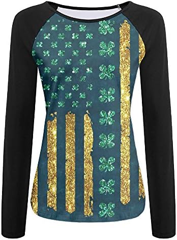 Thende Glitter Irish American Flag Shamrock Vintage Women's Crew Neck Long Sleeve Raglan T-Shirts L
