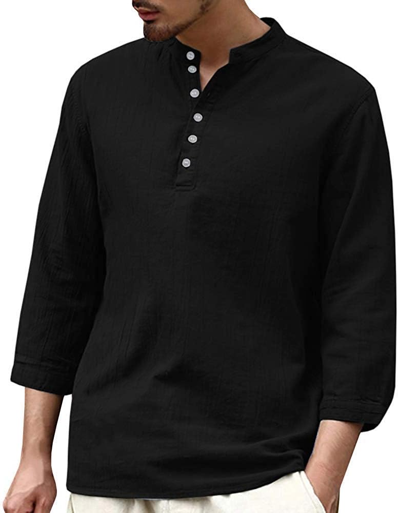 Tenkilo Mens Linen Henley Shirts 3/4 Sleeve Banded Collar Summer Beach V Neck Loose Fit Blouse T Shirt