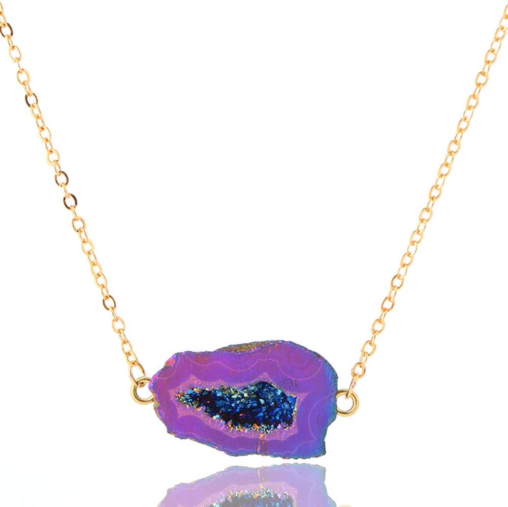 24K Gold Plated Agate Geode Druzy Natural Crystal Necklace Gemstone Jewelery Gift for Women Girl