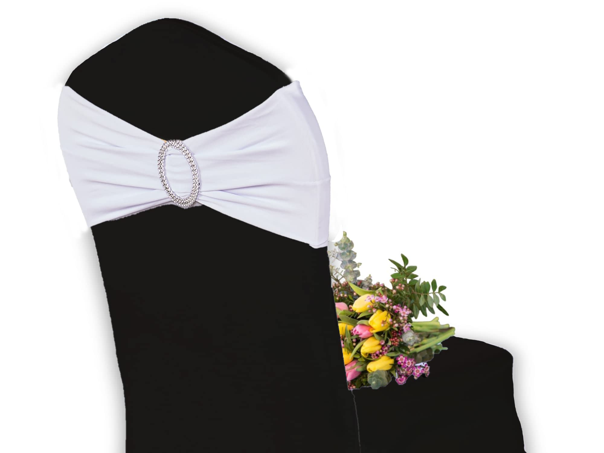 Elegant Event Essentials - 10 Pieces - Spandex Stretch Elastic with Round Buckle Slider Chair Cover Band, Sash Tie For Wedding, Party Chair Decor, Hotel, Christmas, Reception, Banquets - White
