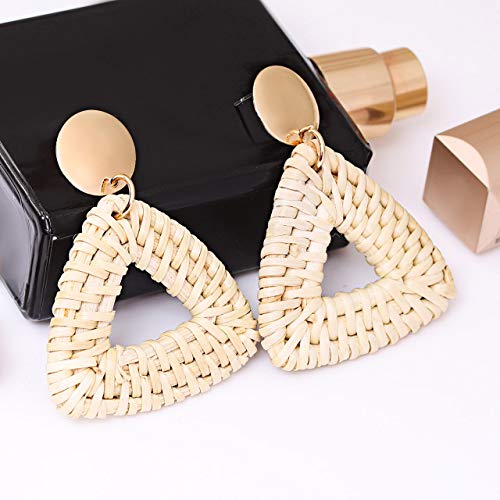 CEALXHENY Rattan Earrings for Women Handmade Straw Wicker Braid Drop Dangle Earrings Lightweight Geometric Statement Earrings (C Triangle)