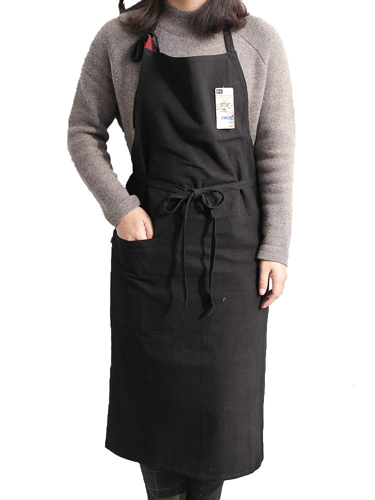 UHEIM Premium Free Size Linen Bib Apron Kitchen Apron with Large Pocket 9 Colors (Black) — image 1