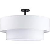 5 Light Off White Double Drum Fabric Shade Semi Flush Mount Ceiling Light,Close to Ceiling Light Fixture Black Finish,24 inch