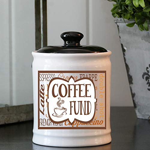 Tumbleweed - Coffee Fund - White Round Ceramic Piggy Bank Jar With Black Lid - Coffee Gifts