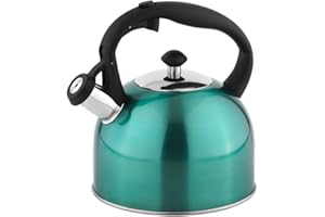 Amazon Basics Stainless Steel Tea Kettle, Hot Water Kettle with Whistle Spout, Fast Boiling, Ergonomic Handle, 2.4-Quart, Teal