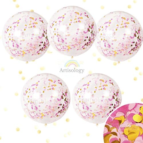 Artisology Metallic Pink and Gold 36" Round Confetti Balloons |5 PACK| GLAM special event like baby gender neutral or baby shower, bridal shower decorations (PREFILLED)