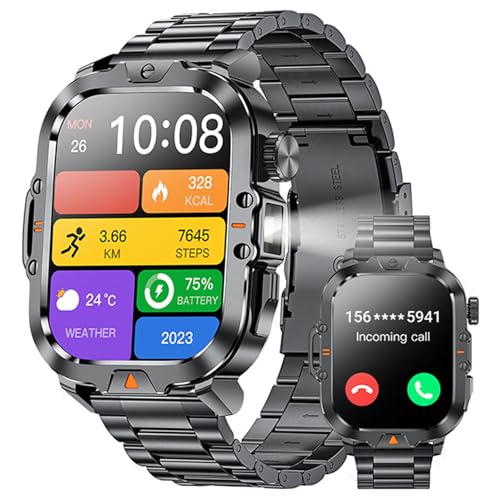 Uniiking® Military Smart Watches for Men, 2.01" Rugged Tactical Smartwatch with LED Strong Light, 400mAh, IP68 Waterproof Fitness Tracker with Compass, 100+ Sports Modes for Android iOS (2 Straps)
