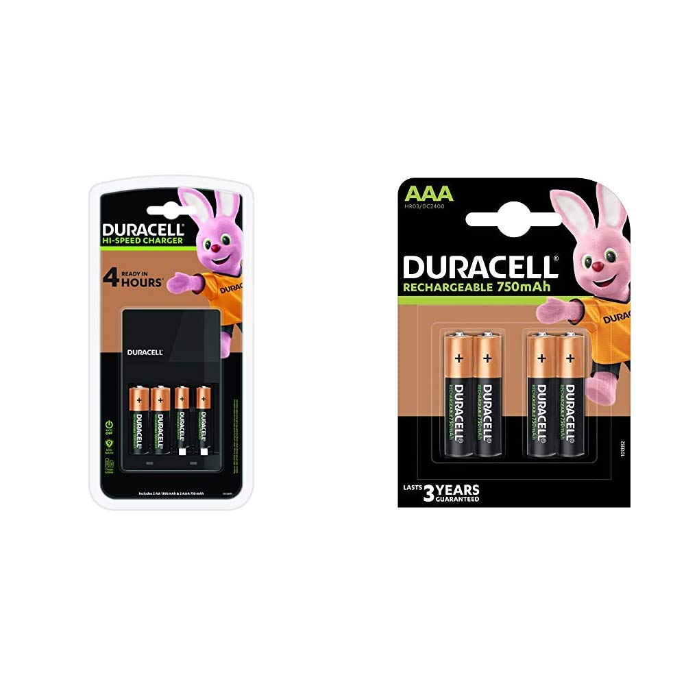 Duracell 4 Hours Battery Charger with 2 AA and 2 AAA & Rechargeable AAA 750 mAh Batteries, Pack of 4