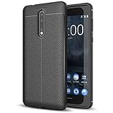 NALIA Leather Look Case Compatible with Nokia 8, Silicone Ultra-Thin Protective Phone Cover Rubber-Case Premium Gel Soft Skin, Shockproof Slim Back Bumper Protector Smartphone Back-Case Shell - Black