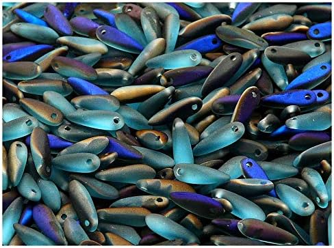 50 Pieces Czech Glass Dagger Beads Small 3x10mm, Aqua Azuro Matte