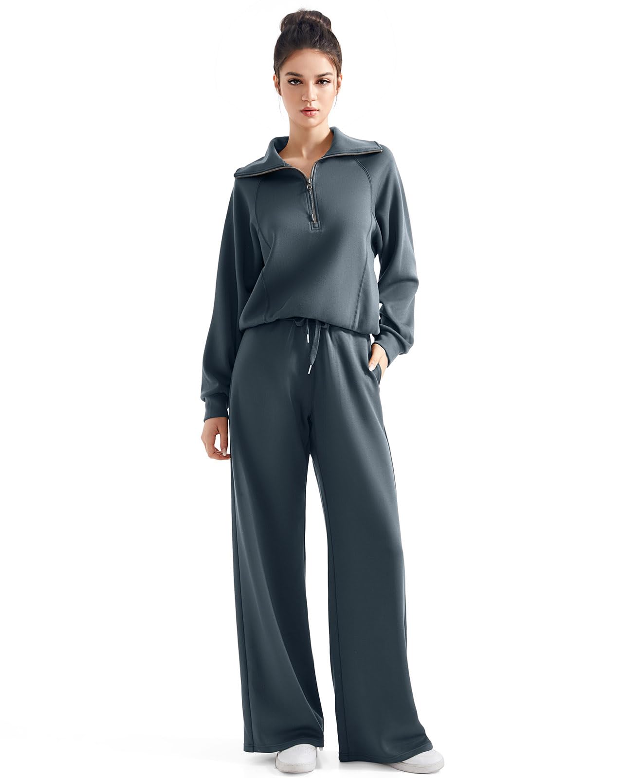 Women's 2-Piece Lounge Set - Half Zip Sweatshirt & Wide Leg Pants With Pockets, Color Block Sweatsuit, Comfy Outfit