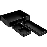 Amazon Basics Rectangular Plastic Desk Organizer Bundle, 3 Pieces with Half Accessory Tray, Small, Black