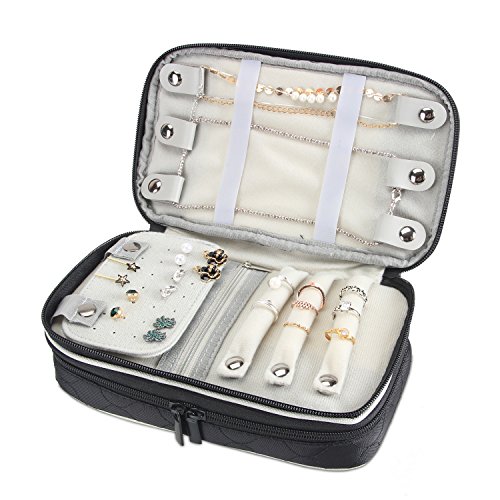 LUXJA Quilted Travel Jewelry Organizer, Double Layer Jewelry Storage Carrying Case, Black