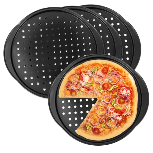 COOLHIYA 4 Pcs Carbon Steel Perforated Pizza Pans with Small Grips Non-stick Oven Baking Trays for Crispy Round Pizzas Dishwasher Safe and High Temperature Resistant Baking Supplies