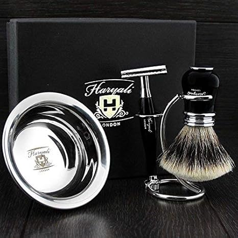 Ready to Use Stück Männer Rasieren Set ft DE Rasierhobel Splitterspitze Badger Haarbürste, Dual Stand für beide Rasierer und 